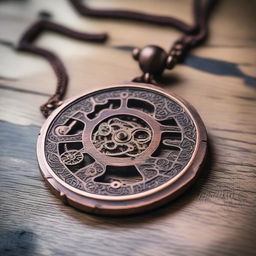 A detailed image of a medieval copper amulet adorned with tiny gears and clockwork mechanisms