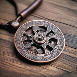 A detailed image of a medieval copper amulet adorned with tiny gears and clockwork mechanisms