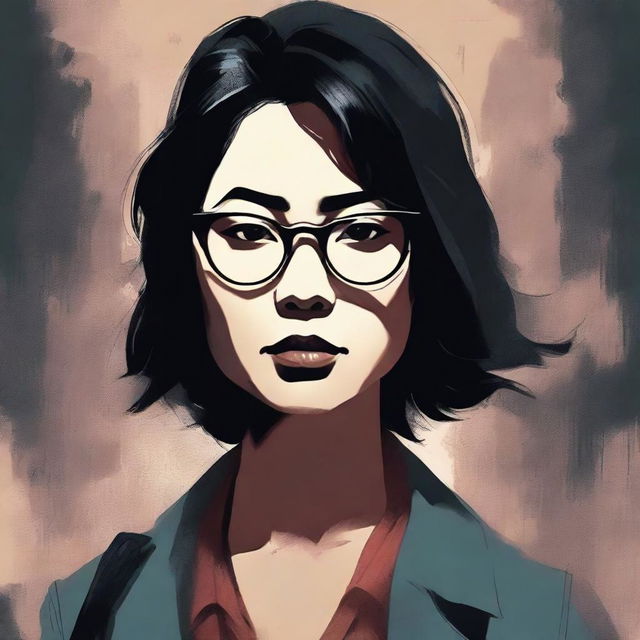 An eerie illustrated book cover for a thriller novel featuring an Asian woman with glasses