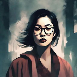 An eerie illustrated book cover for a thriller novel featuring an Asian woman with glasses