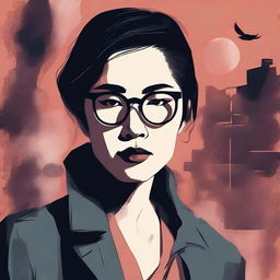 An eerie illustrated book cover for a thriller novel featuring an Asian woman with glasses