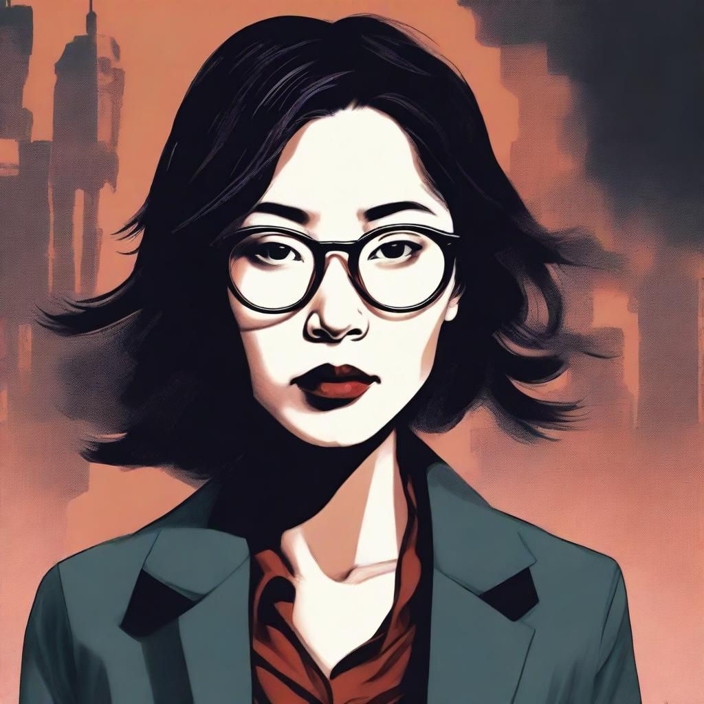 An eerie illustrated book cover for a thriller novel featuring an Asian woman with glasses