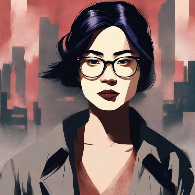 An eerie illustrated book cover for a thriller novel featuring an Asian woman with glasses