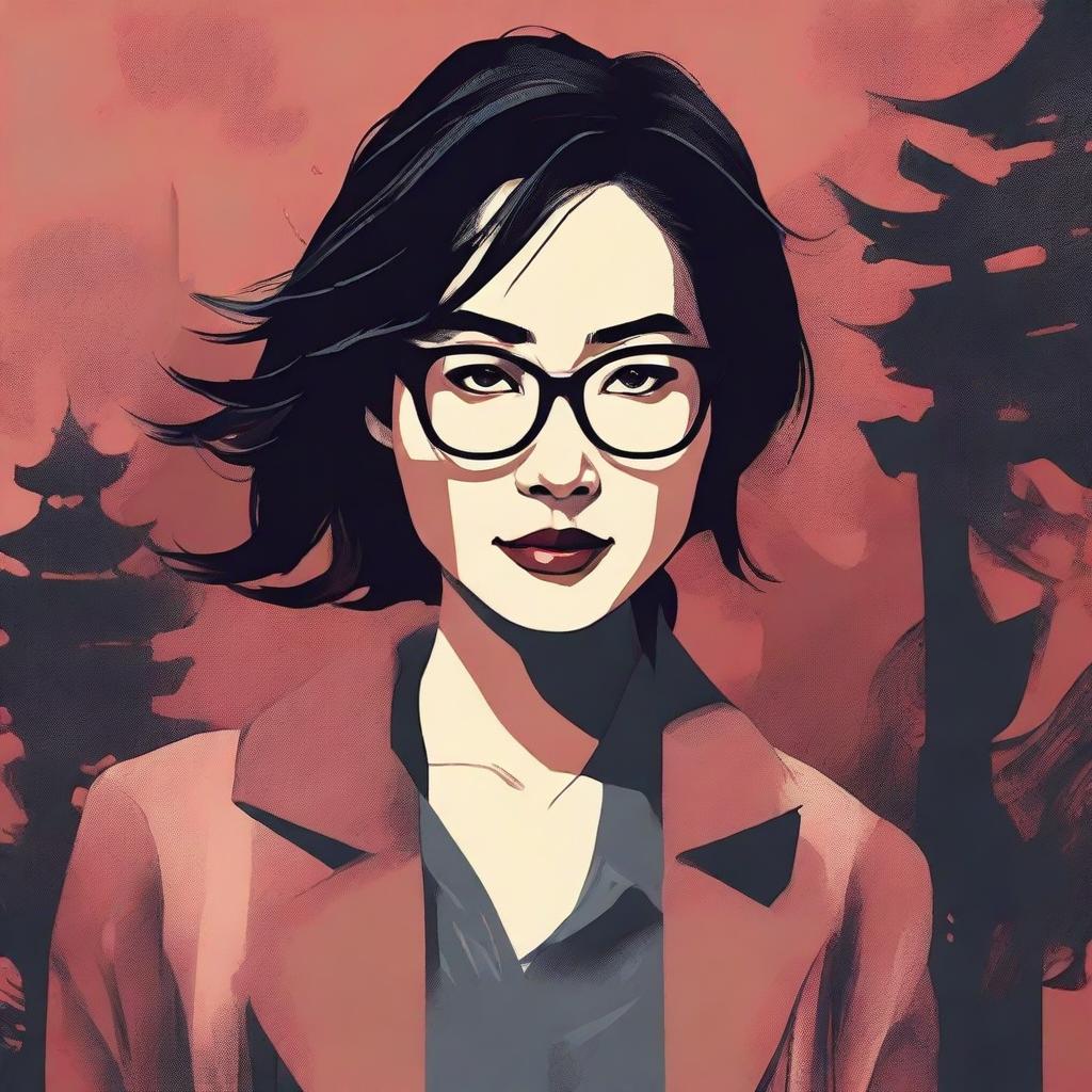 An illustrated book cover for a thriller novel featuring an eerie depiction of an Asian woman with glasses