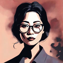 An illustrated book cover for a thriller novel featuring an eerie depiction of an Asian woman with glasses