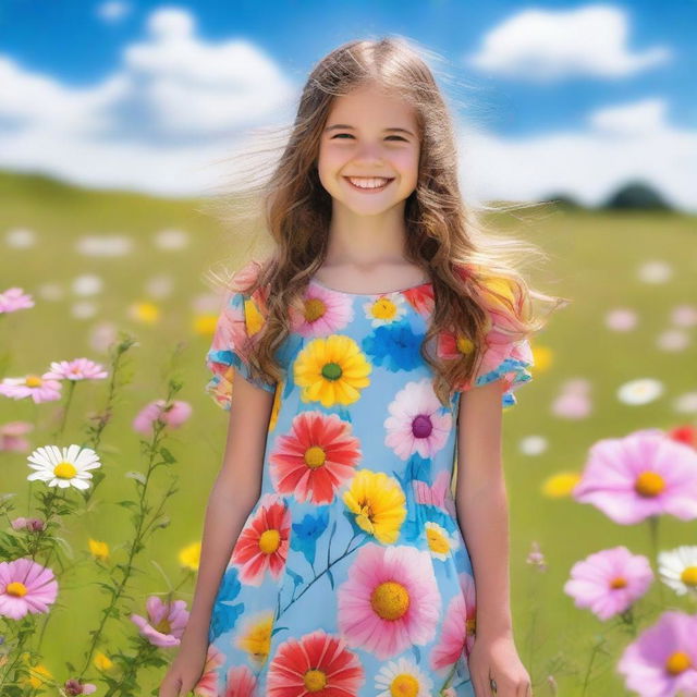 A beautiful and cheerful young girl with a bright smile, wearing a colorful dress, standing in a sunny meadow filled with flowers