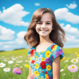 A beautiful and cheerful young girl with a bright smile, wearing a colorful dress, standing in a sunny meadow filled with flowers