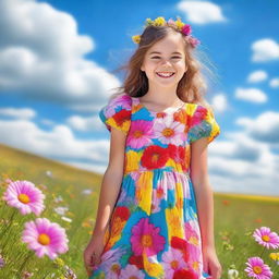 A beautiful and cheerful young girl with a bright smile, wearing a colorful dress, standing in a sunny meadow filled with flowers