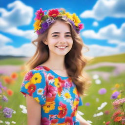 A beautiful and cheerful young girl with a bright smile, wearing a colorful dress, standing in a sunny meadow filled with flowers