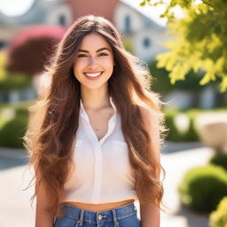 A beautiful young woman with a fashionable outfit, standing confidently with a warm smile