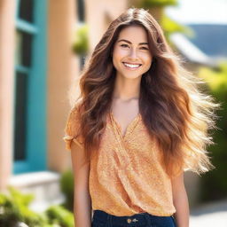 A beautiful young woman with a fashionable outfit, standing confidently with a warm smile