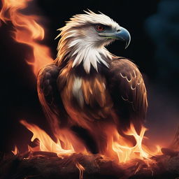 A dramatic and intense image of a Philippine eagle engulfed in flames, symbolizing the urgent threat to its survival