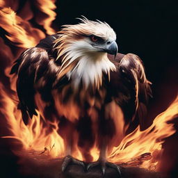 A dramatic and intense image of a Philippine eagle engulfed in flames, symbolizing the urgent threat to its survival