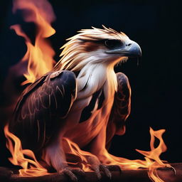 A dramatic and intense image of a Philippine eagle engulfed in flames, symbolizing the urgent threat to its survival