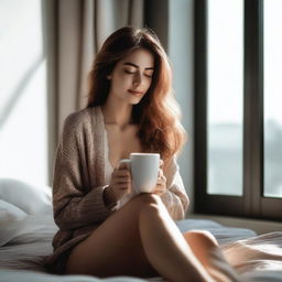 A woman with a seductive appearance is sitting on a bed in the morning, drinking her coffee