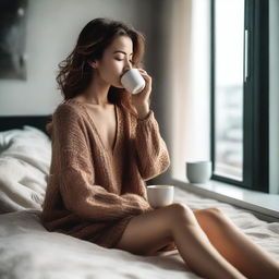 A woman with a seductive appearance is sitting on a bed in the morning, drinking her coffee