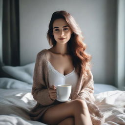 A woman with a seductive appearance is sitting on a bed in the morning, drinking her coffee