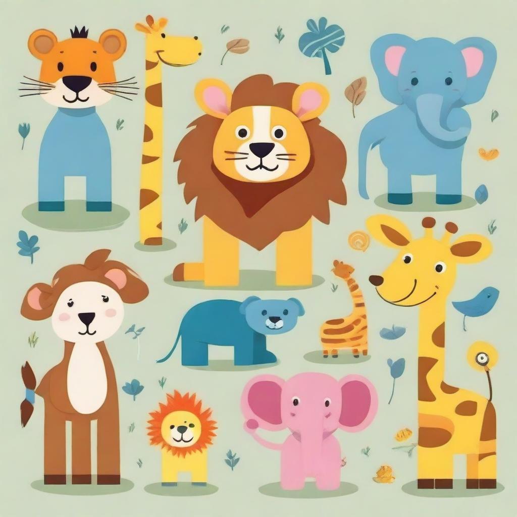 Create a playful and colorful illustration featuring various animals designed for kids