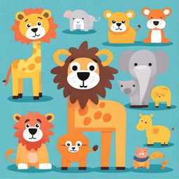 Create a playful and colorful illustration featuring various animals designed for kids