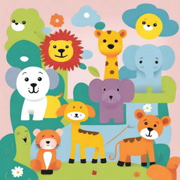 Create a playful and colorful illustration featuring various animals designed for kids