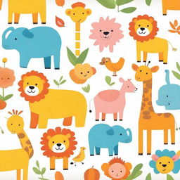 Create a playful and colorful illustration featuring various animals designed for kids