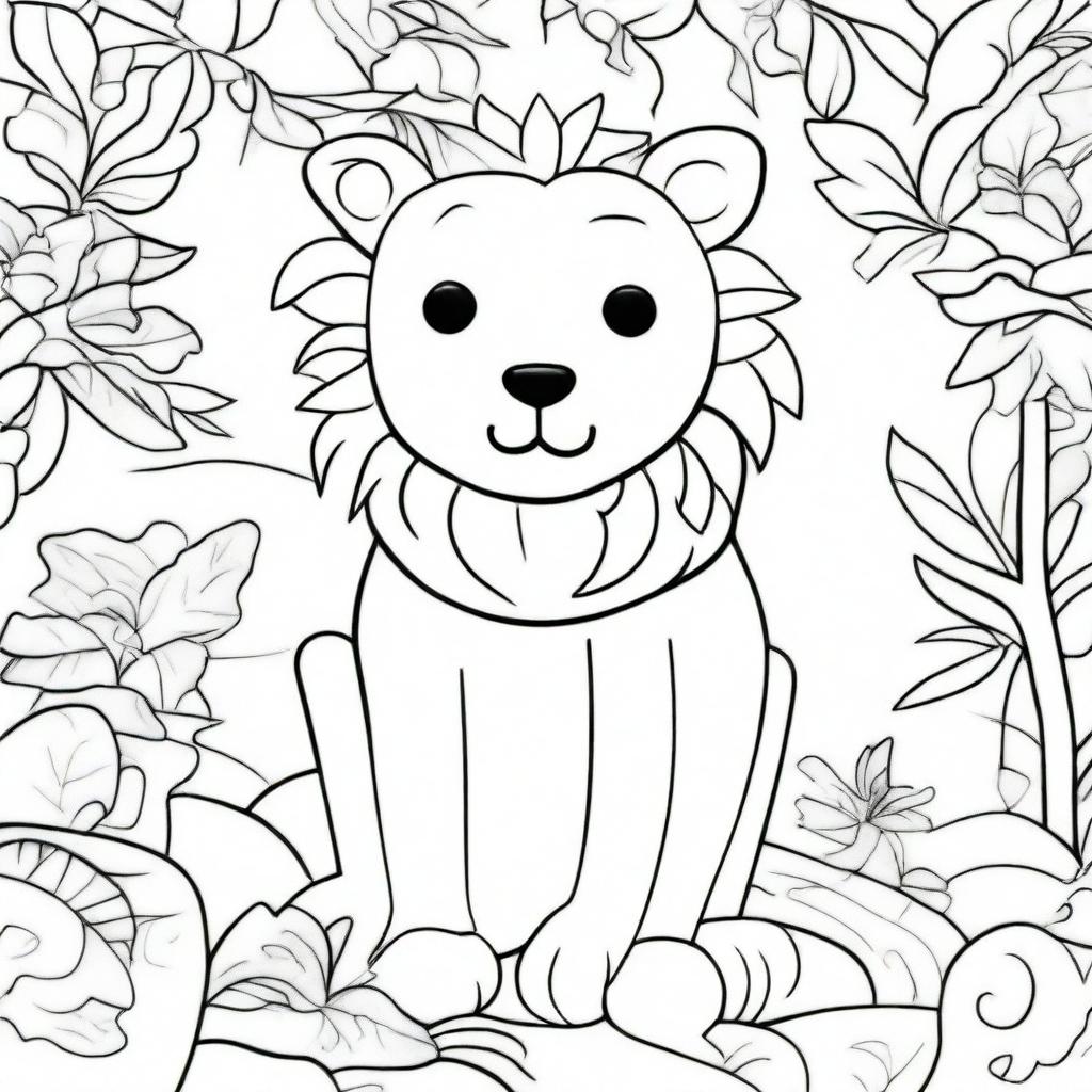 Create an illustration of various animals designed for a coloring book, but with some areas already filled in with colors