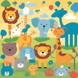 Create a playful and colorful illustration featuring various animals designed for kids