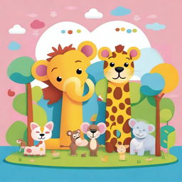 Create a playful and colorful illustration featuring various animals designed for kids