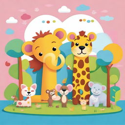 Create a playful and colorful illustration featuring various animals designed for kids