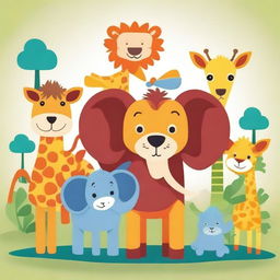 Create a playful and colorful illustration featuring various animals designed for kids