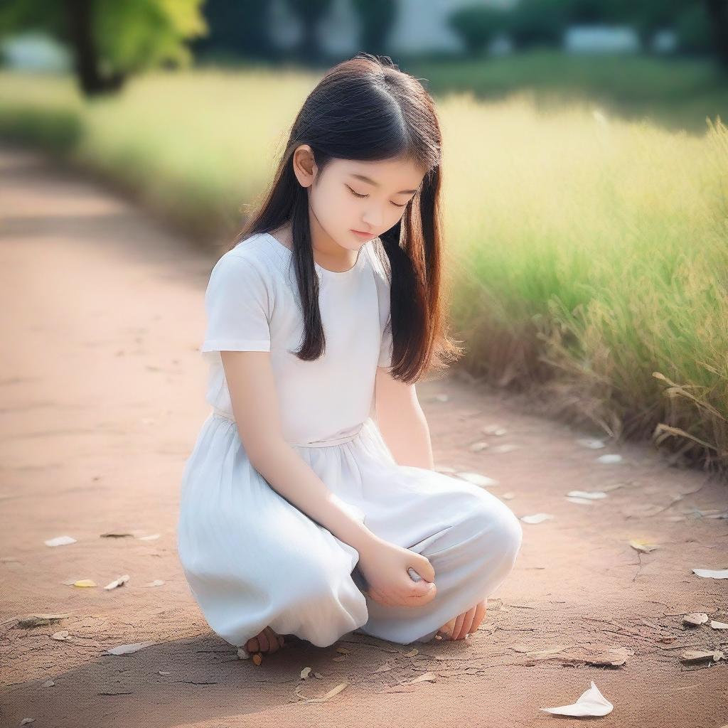 A girl is kneeling on the ground, with a serene expression on her face