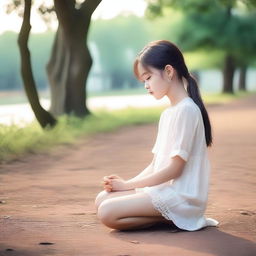 A girl is kneeling on the ground, with a serene expression on her face