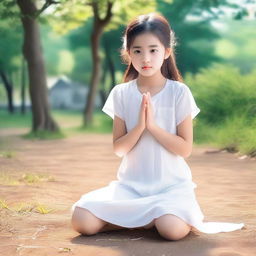 A girl is kneeling on the ground, with a serene expression on her face