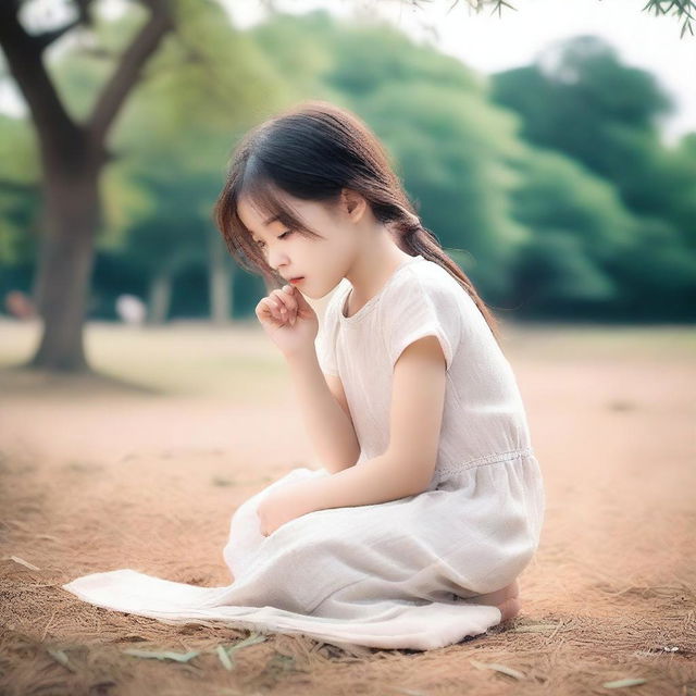 A girl is kneeling on the ground, with a serene expression on her face