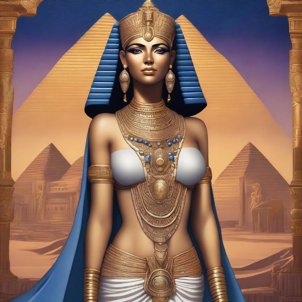 A detailed and imaginative depiction of Celopatra, blending elements of ancient Egyptian culture with a touch of modern fantasy