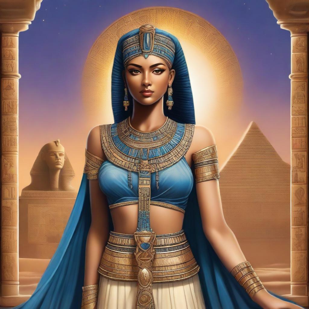 A detailed and imaginative depiction of Celopatra, blending elements of ancient Egyptian culture with a touch of modern fantasy