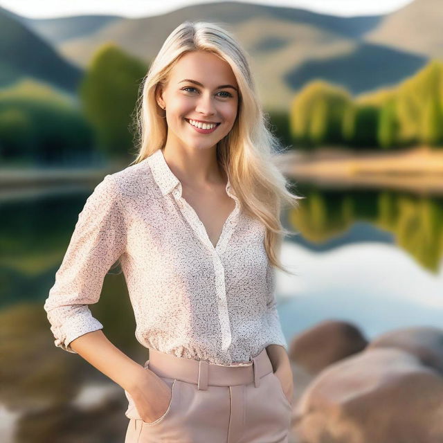 A beautiful blonde woman with an average body type, wearing stylish clothing and standing in a scenic outdoor setting