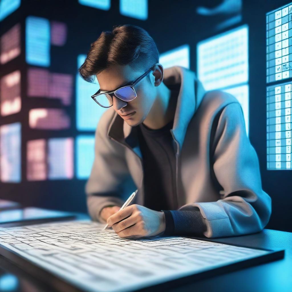 A futuristic adventurer solving a complex Sudoku puzzle in a high-tech environment