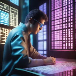 A futuristic adventurer solving a complex Sudoku puzzle in a high-tech environment