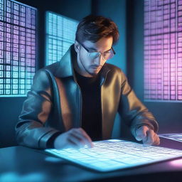 A futuristic adventurer solving a complex Sudoku puzzle in a high-tech environment