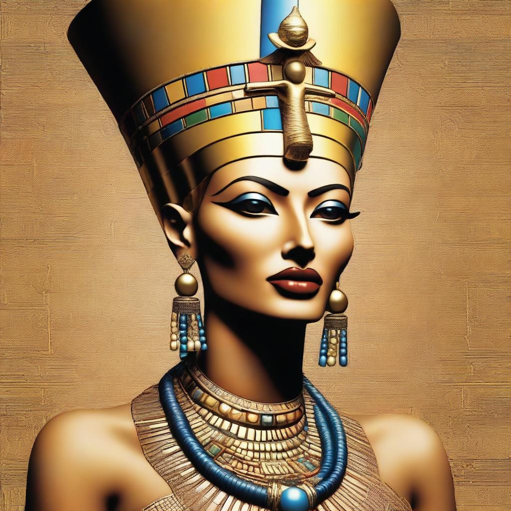 A detailed and artistic depiction of Nefertiti, the ancient Egyptian queen, wearing her iconic headdress and elaborate jewelry