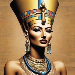 A detailed and artistic depiction of Nefertiti, the ancient Egyptian queen, wearing her iconic headdress and elaborate jewelry