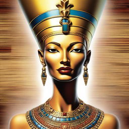 A detailed and artistic depiction of Nefertiti, the ancient Egyptian queen, wearing her iconic headdress and elaborate jewelry