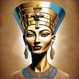 A detailed and artistic depiction of Nefertiti, the ancient Egyptian queen, wearing her iconic headdress and elaborate jewelry