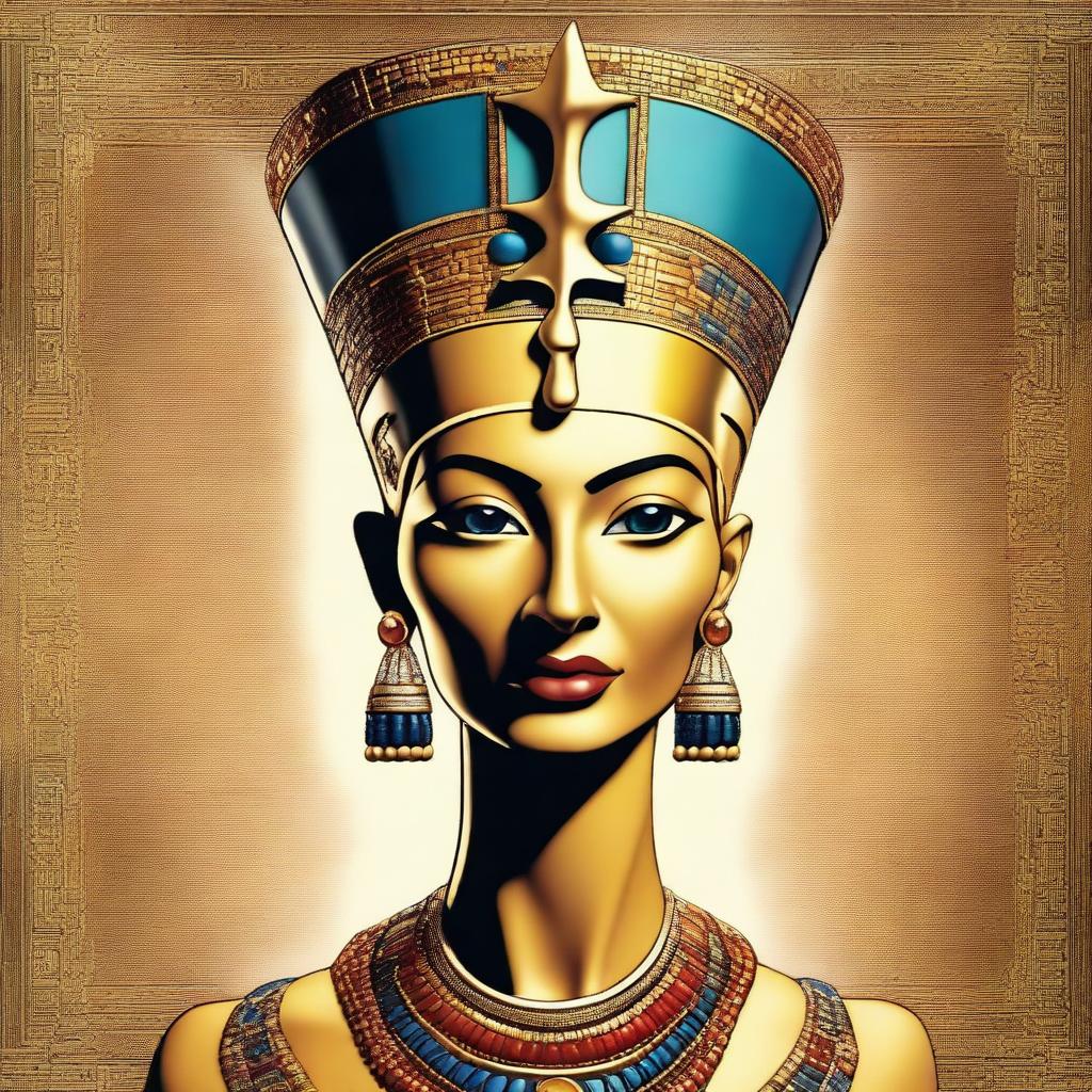 A detailed and artistic depiction of Nefertiti, the ancient Egyptian queen, wearing her iconic headdress and elaborate jewelry