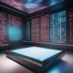 A futuristic, high-tech environment featuring a complex Sudoku puzzle prominently displayed