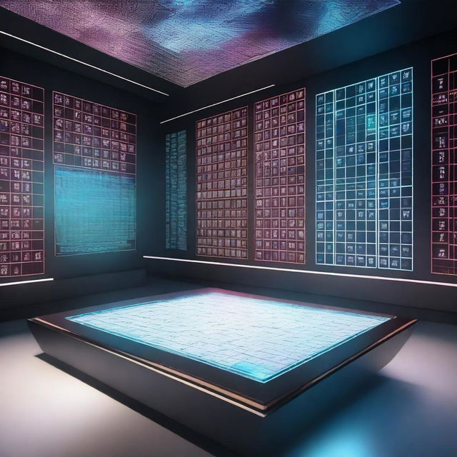 A futuristic, high-tech environment featuring a complex Sudoku puzzle prominently displayed