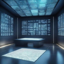 A futuristic, high-tech environment featuring a complex Sudoku puzzle prominently displayed