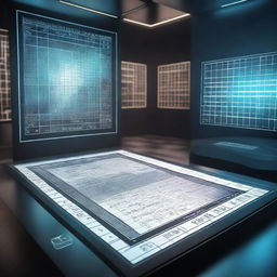 A futuristic, high-tech environment featuring a complex Sudoku puzzle prominently displayed