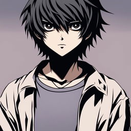 A darker profile picture of L from Death Note, with shadows accentuating his features and a dim, moody background to enhance the mysterious atmosphere